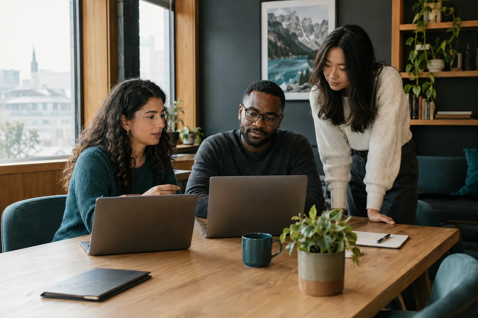 Three colleagues collaborating over laptops in a modern professional office with warm natural light