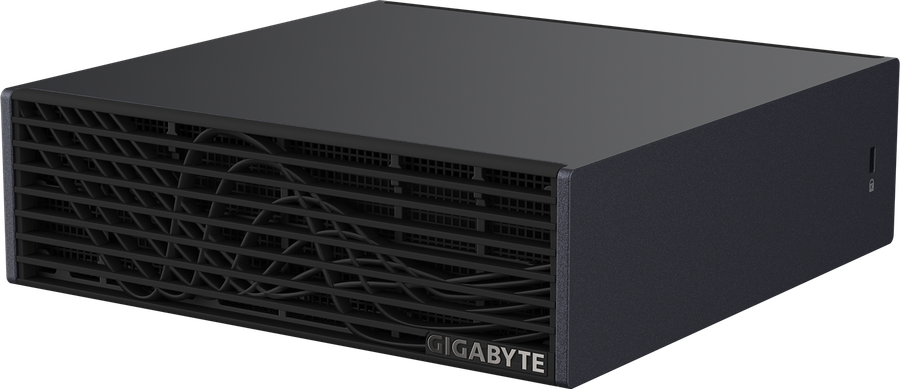 GIGABYTE AI TOP ATOM desktop AI supercomputer — compact black chassis with patterned ventilation grille