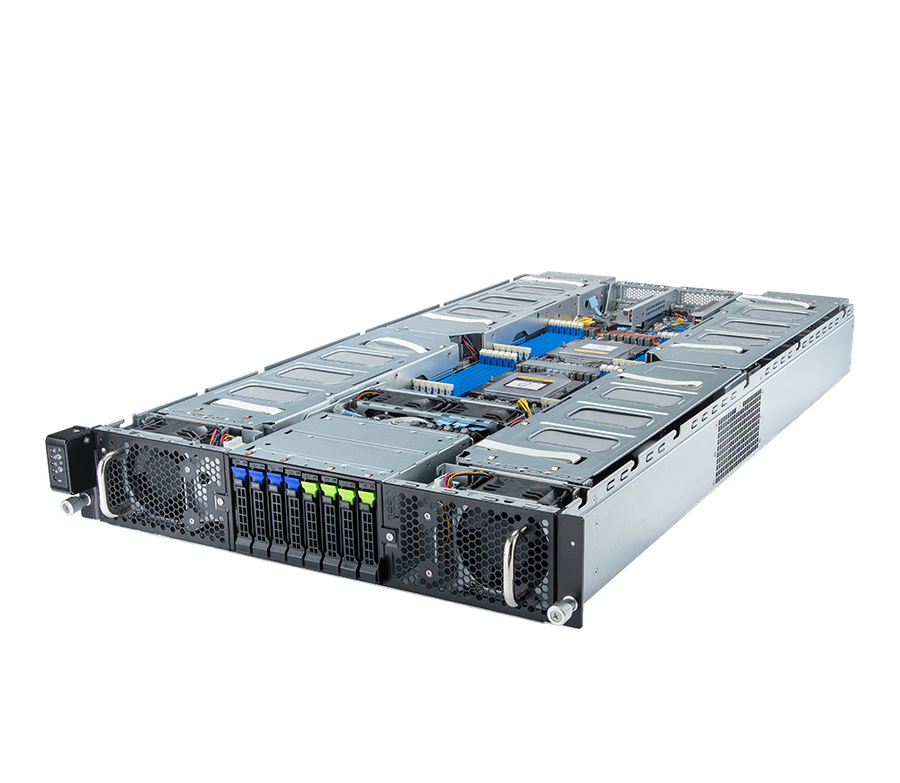 GIGABYTE G293-Z42-AAP1 2U GPU server with top cover removed showing GPU bays and drive trays